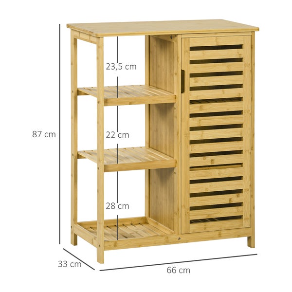 kleankin Badezimmerschrank Badschrank mit Schrankfach, 3 Offenen Ebenen, Toilettenschrank mit Kippschutz, Beistellschrank für Bad, Bambus, Natur, 66 x 33 x 87 cm