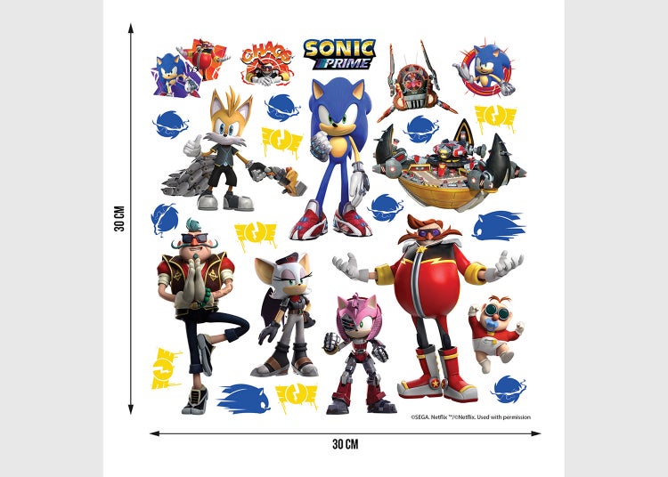 Sonic Prime Wandsticker-Set mit verschiedenen Charakteren und Symbolen, Größe 30 mal 30 Zentimeter.