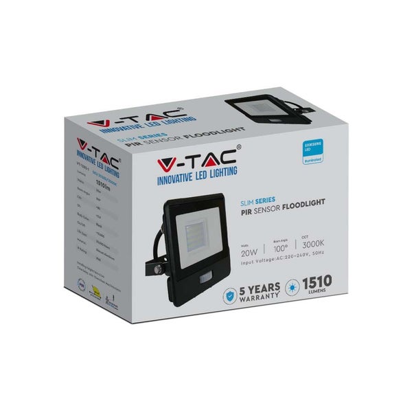 V-TAC LED-Flutlichtstrahler mit PIR-Sensor, 20 Watt in Produktverpackung