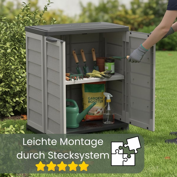Gartenschrank aus Kunststoff mit zwei Regalen, gefüllt mit Gartengeräten und Zubehör