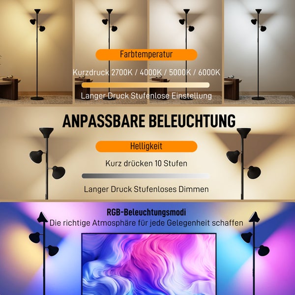 HOMCOM Stehlampe Wohnzimmer Dimmbar mit Leselampe, Stehleuchte RGB Farbwechsel mit Fernbedienung Touch-Steuerung 3 drehbare Köpfe 4150lm 2700K–6000K Standleuchte für Wohnzimmer Schlafzimmer