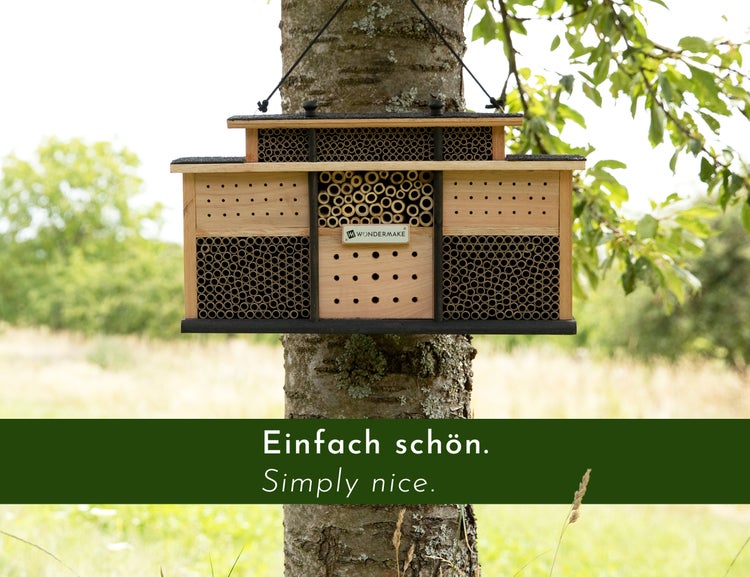 WONDERMAKE - Design Insektenhotel aus Eukalyptus-Holz mit 7 Zimmern und Terrasse, Bienenhotel groß hängend Nisthilfe für Wildbienen, braun schwarz
