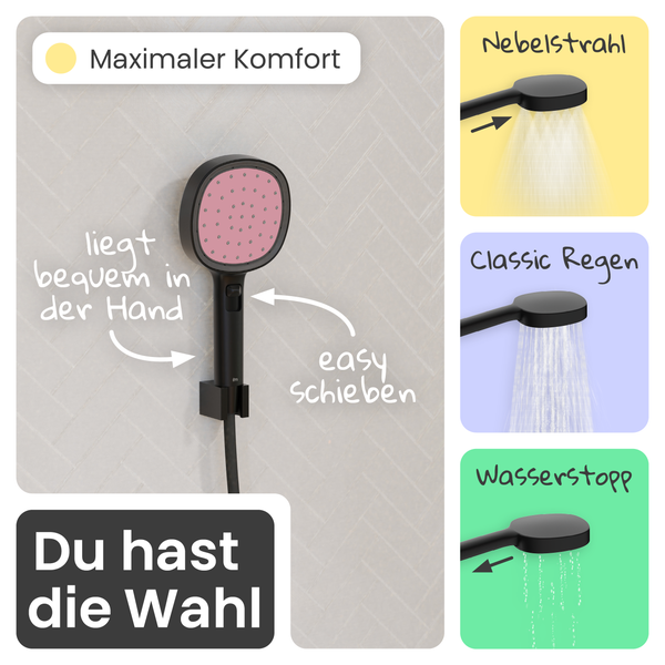 Handbrause in Schwarz matt mit drei Strahlarten: Nebelstrahl, klassischer Regen und Wasserstopp-Funktion, ergonomischer Griff mit Schiebeschalter.