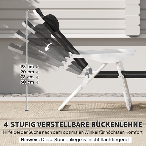 Sonnenliege mit 4-stufig verstellbarer Rückenlehne, nicht flach liegend, Höhen von 60 bis 98 Zentimeter.