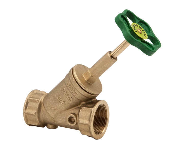 Schrägsitzventil aus Messing mit Innengewinde und grünem Handrad.