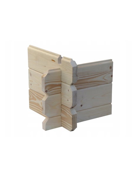 Eckverbindung aus Holzbohlen für Gartenhäuser mit Nut und Feder.