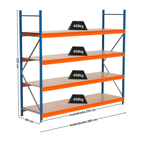 Blaues Schwerlastregal mit vier Regalböden und einer Traglast von 450 Kilogramm pro Ebene