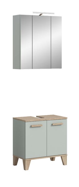 Badezimmermöbel Set bestehend aus einem Waschbeckenunterschrank mit zwei Türen und einem Spiegelschrank mit Beleuchtung in Holzoptik