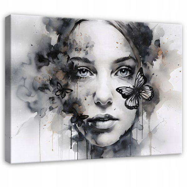 Modernes Wandbild auf Leinwand mit einem Frauengesicht im Aquarellstil, Schmetterlingen und abstrakten Farbspritzern.