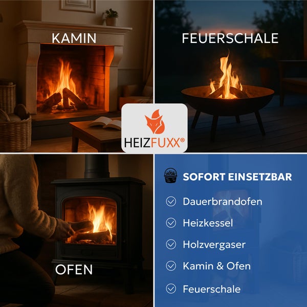 Heizfuxx Brennholz in Kamin, Feuerschale und Ofen verwendet mit Eignung für Dauerbrandofen, Heizkessel, Holzvergaser, Kaminofen und Feuerschale.