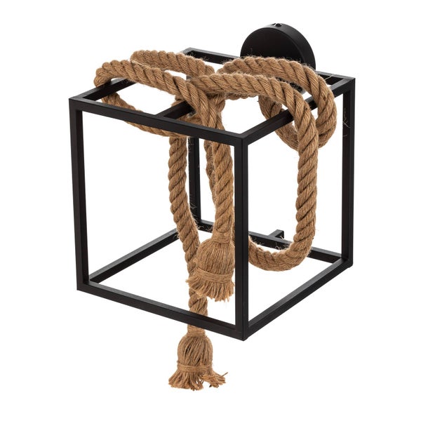 Wandleuchte mit schwarzem Metallrahmen und Seil