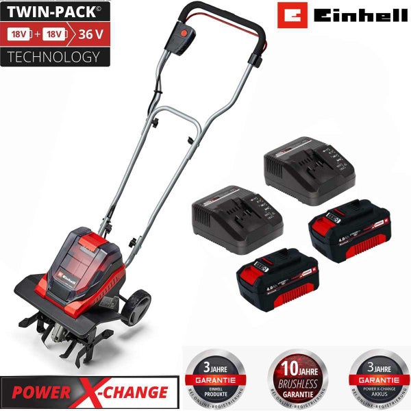 Einhell Akku-Bodenhacke mit zwei 4,0 Ah Akkus und zwei Ladegeräten, 36 Volt Twin-Pack Technologie, bürstenloser Motor.