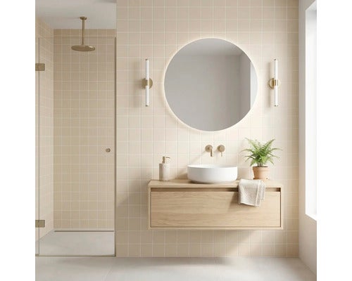 Modernes Badezimmer mit hängendem Holz-Waschtisch, rundem Aufsatzwaschbecken, hinterleuchtetem Spiegel, goldenen Armaturen und begehbarer Dusche.