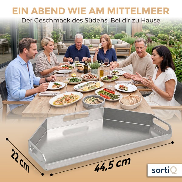 Rechteckige Grillplatte aus Edelstahl mit 44,5 Zentimeter mal 22 Zentimeter, ideal für Grillgerichte auf der Terrasse.