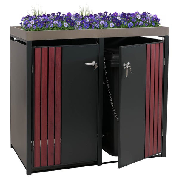 Mülltonnenbox mit Pflanzschale, abschließbaren Türen und Holzverkleidung