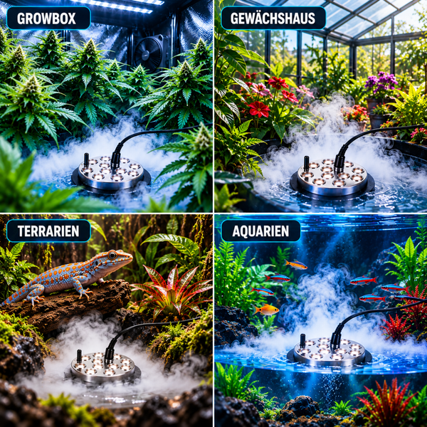 Ein Ultraschallnebler im Einsatz in einer Growbox, einem Gewächshaus, einem Terrarium und einem Aquarium für eine optimale Luftbefeuchtung.