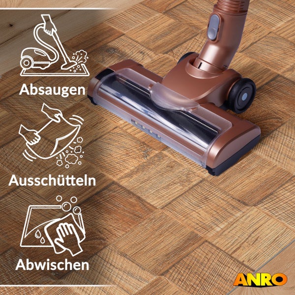 Reinigungshinweise für die ANRO Bodenmatte: Absaugen, Ausschütteln und Abwischen. Staubsauger auf strukturierter Oberfläche. ANRO Logo.