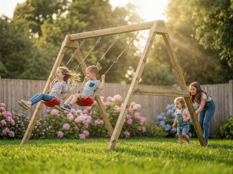 Doppelschaukel aus Holz im sonnigen Garten mit zwei roten Schaukelsitzen und spielenden Kindern auf Rasen und vor Blumen.