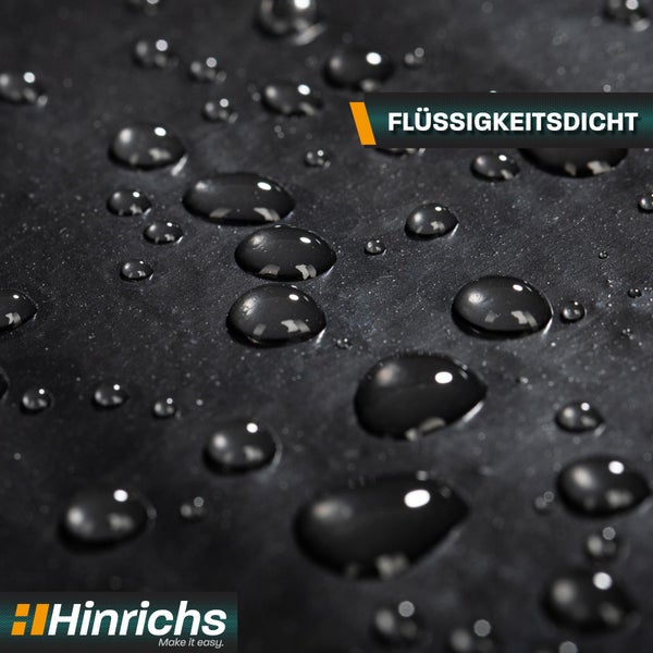 Wassertropfen auf einer flüssigkeitsdichten schwarzen Oberfläche mit Hinrichs Logo.