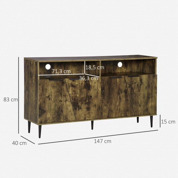 HOMCOM Sideboard Küchenschrank mit 2 Fächern und 2 Schränken Küchenmöbel Aufbewahrungsschrank im Industrie-Design Spanplatte Rustikales Braun+Schwarz 147 x 40 x 83 cm