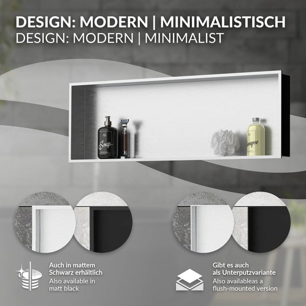 Moderne Wandnische für das Badezimmer aus Edelstahl in minimalistischem Design, auch erhältlich in Schwarz und als Unterputzvariante.