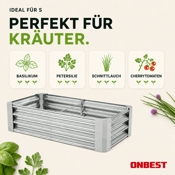 Rechteckiges Hochbeet aus Wellblech, geeignet für Kräuter wie Basilikum, Petersilie, Schnittlauch und Cherrytomaten. ONBEST Logo.