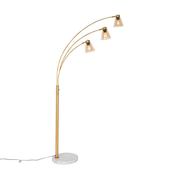 QAZQA - Art Deco Bogenlampe Bronze mit Marmor und Braunglas 3 Lichter - Nina I Wohnzimmer I Schlafzimmer - Länglich - LED geeignet E27