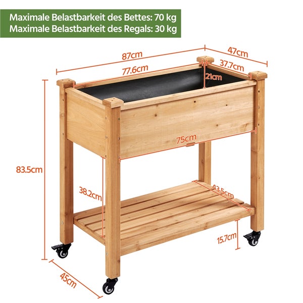 Hochbeet aus Holz mit Regal und Rädern, Maße