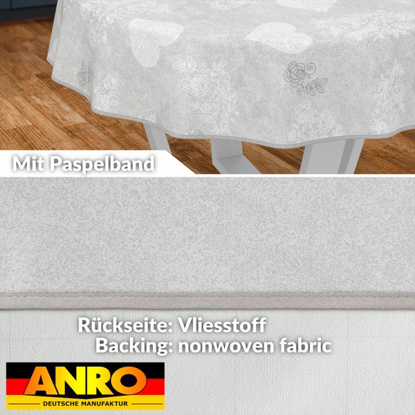 Tischdecke mit Herzen und Rosenmuster, Rückseite aus Vliesstoff und ANRO Logo