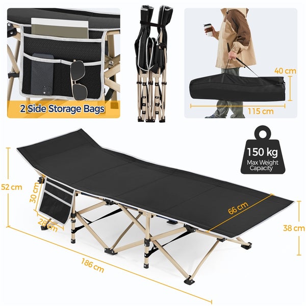 Campingliege mit Seitentaschen, zusammengeklappt und mit Tragetasche, maximale Belastbarkeit 150 Kilogramm