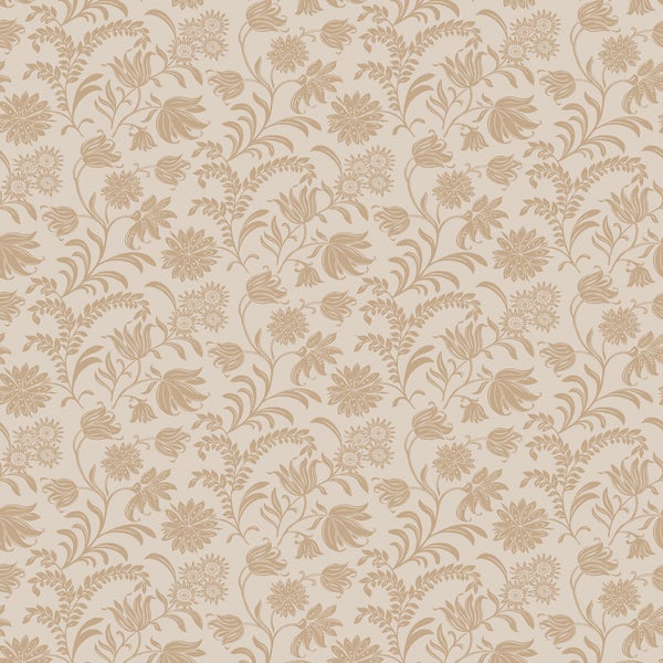 Tapete mit floralem Muster, bestehend aus Blumen, Blättern und Ranken.