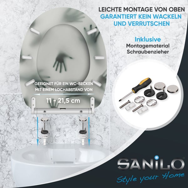 Sanilo WC Sitz mit Motiv mit Montageanleitung und Befestigungsmaterial fuer verstellbaren Lochabstand von 11 bis 21,5 Zentimetern