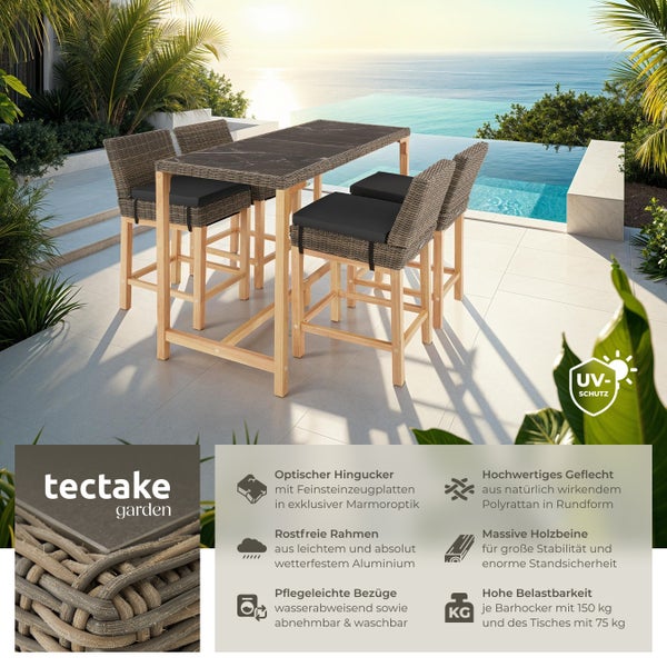 Rattan Tisch Lovas mit 4 Stühlen Latina tectake  Beine aus Holz mit Aluminiumgestellen natur