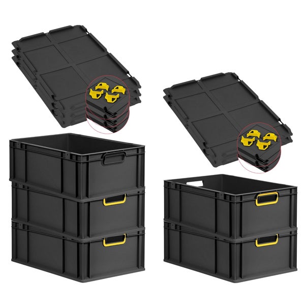 PROREGAL SparSet 5x Eurobox NextGen Color mit Auflagedeckel und Schiebeschnappverschlüsse, HxBxT 22x40x60cm, 44 Liter, Schwarz, Griffe gelb offen, Verstärkter Boden, Eurobehälter, Transportbox, Transportbehälter, Stapelbehälter