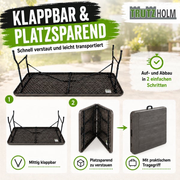 Klappbarer und platzsparender Trutzholm Campingtisch mit Tragegriff und einfachem Aufbausystem für den Garten.