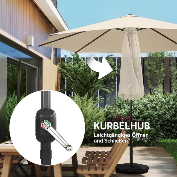 Sonnenschirm mit einziehbarer Rippenkonstruktion, Kurbelmechanismus und kompaktem Design für einfachen Transport und Lagerung.