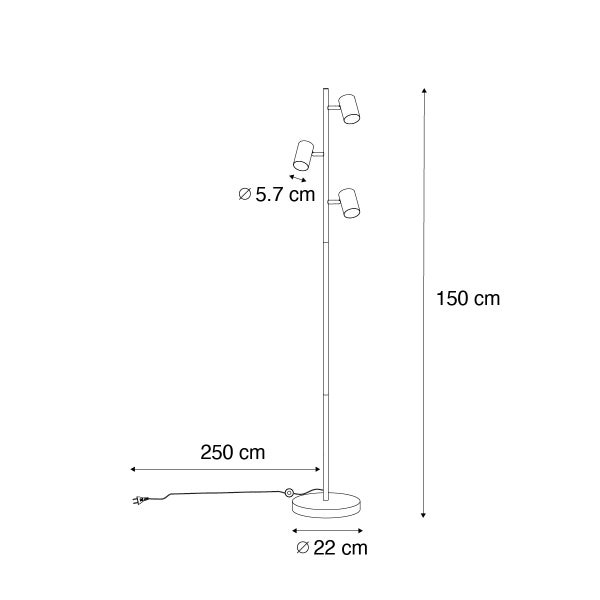 Skizze einer Stehlampe mit drei Leuchten und Maßangaben
