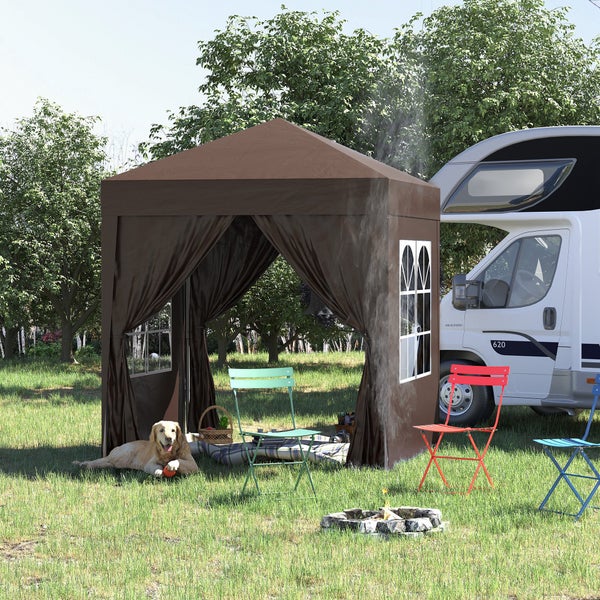 Outsunny Pavillon 2x2m Wasserdicht, Pop-up Faltpavillon mit 4 Seitenwänden, Abflusslöcher Fenster, faltbar Partyzelt UV 30+, Gartenzelt mit Tragetasche, Gartenpavillon für Terrasse, Braun