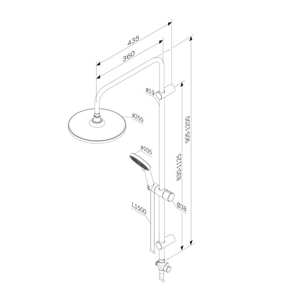 Technische Zeichnung eines Duschsystems mit Kopfbrause, Handbrause, Brausestange und Brauseschlauch inklusive Bemaßungsangaben.