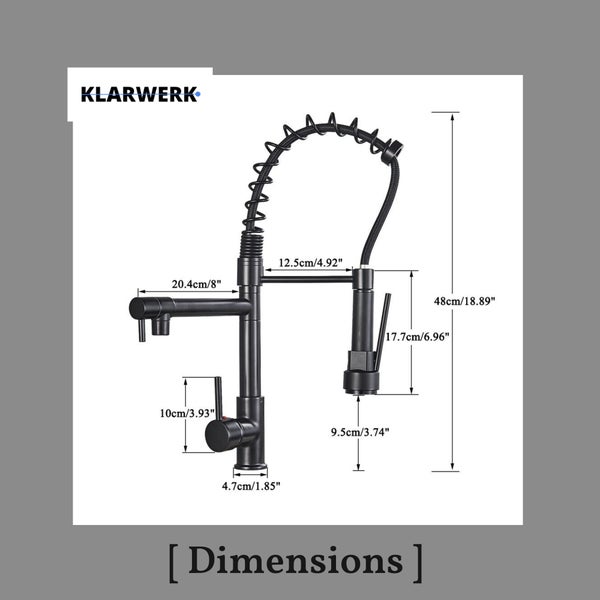 Maßzeichnung einer schwarzen Küchenarmatur mit Spiralfeder und Brause, Maße in Zentimetern und Zoll, KLARWERK Logo.