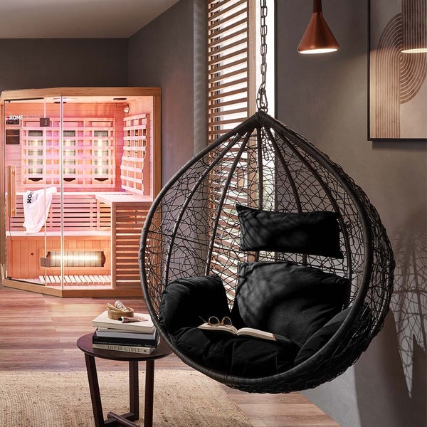 Home Deluxe - Hängesessel Cielo - Schwarz, Höhe 200 cm - inkl. Regenabdeckung, Gestell, Sitz- und Rückenkissen I Polyrattan Hängestuhl Gartenschaukel Hängekorb