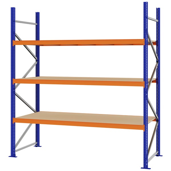 Weitspannregal aus Metall mit blauen Rahmen, orangefarbenen Traversen und drei Holzböden für Lager und Werkstatt.
