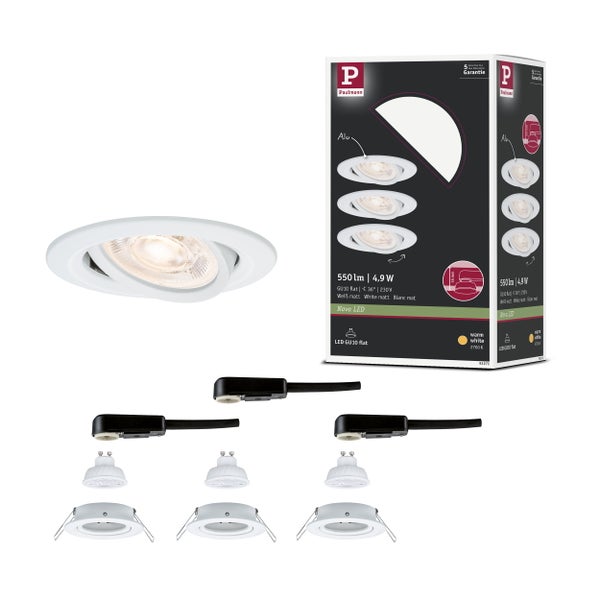 Paulmann Nova LED Einbaustrahler-Set: drei schwenkbare matt weiße Aluminiumleuchten, drei GU10 LED-Leuchtmittel, Anschlussklemmen und Verpackung.
