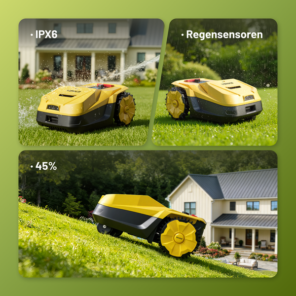 Mähroboter mit IPX6-Wasserschutz, integrierten Regensensoren und einer Steigfähigkeit von bis zu 45 Prozent auf einer Rasenfläche.