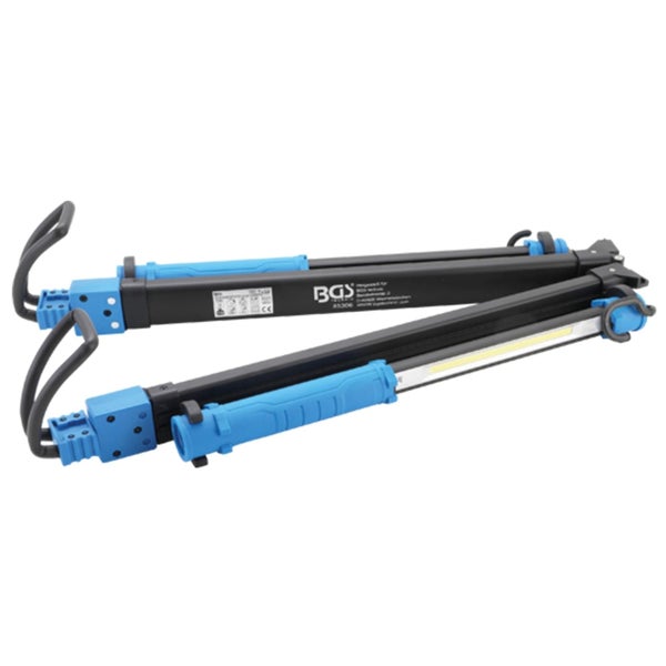 Klappbare COB LED Werkstattlampe von BGS in Blau und Schwarz mit Haken.