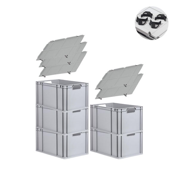 PROREGAL Spar Set 5x Eurobox Nextgen Economy Mit Auflagedeckel & 4x Schiebeschnappverschlüsse Schwarz Griffe Offen HxBxT 32 x 40 x 60 cm 65 Liter