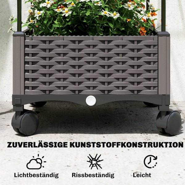 Mobiler Pflanzkasten in Flechtoptik aus Kunststoff auf Rollen mit Blumen. Symbole für Lichtbeständigkeit, Rissbeständigkeit und geringes Gewicht.