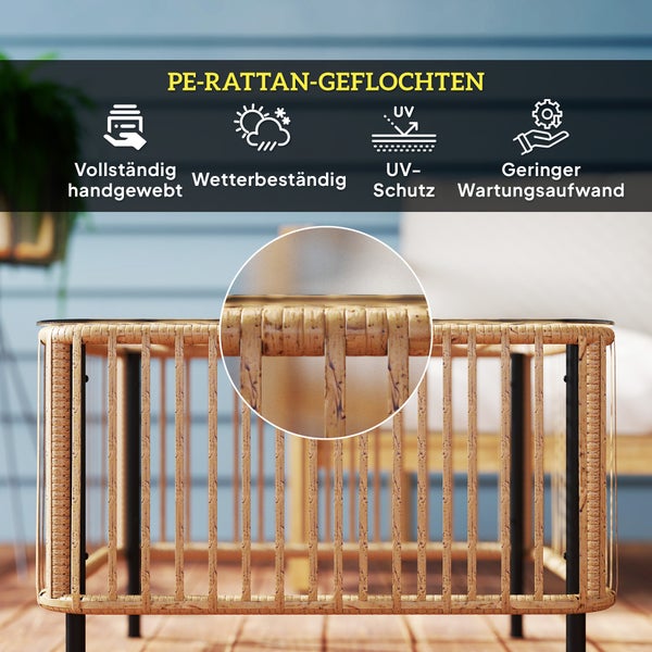 Outsunny Polyrattan Gartentisch, 65 x 65 x 43 cm, wetterfest Beistelltisch quadrarischer Terrassentisch mit Glasplatte Couchtisch Balkontisch Gartenmöbel für Garten, Terrasse, Balkon Naturholz