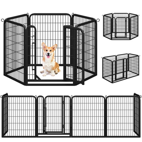 Mehrfachansicht eines schwarzen Metall-Laufstalls mit Tür für Hunde