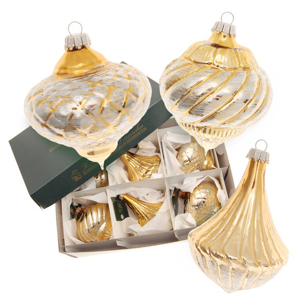 Glaskugelset Barock Xmas, 6-teilig, gold/silber, 2x3 untersch. Formen 8cm, 6 Stck., Weihnachtsbaumkugeln, Christbaumschmuck, Weihnachtsbaumanhänger